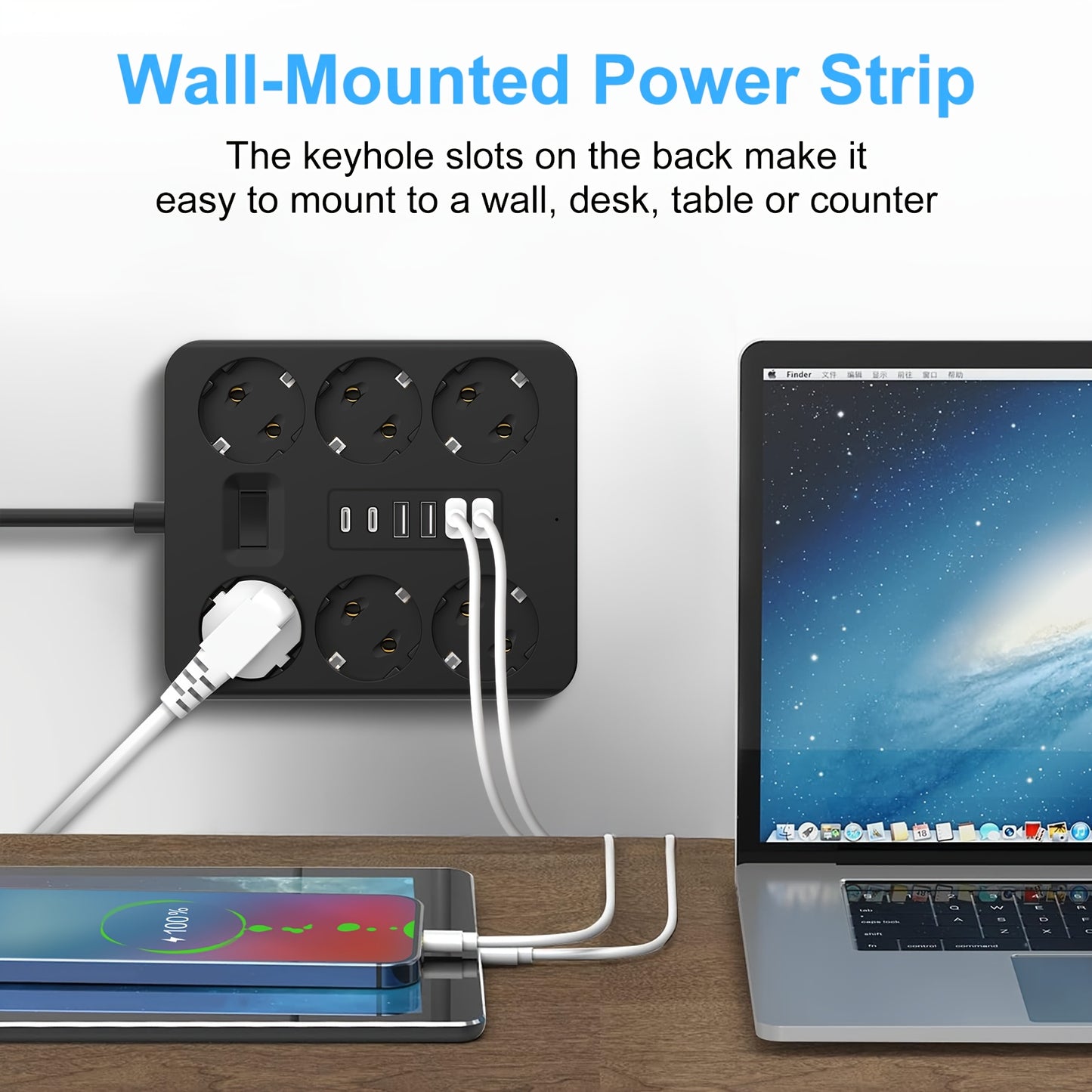 12-in-1 Power Strip with 6 Outlets and 6 USB Ports (2 USB-C) | 182.88cm Flat Plug Wall-Mounted Desktop Charging Station, Suitable for Home Office Dorm Essentials | Multi-Plug Expander