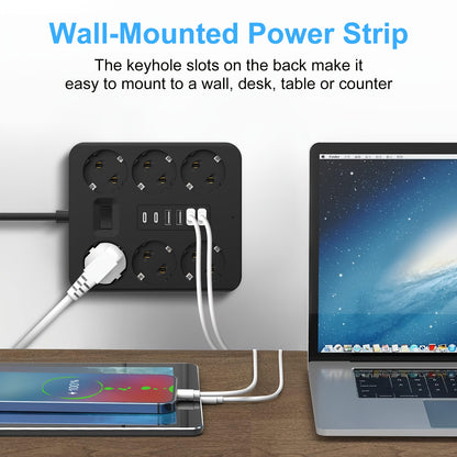 12-in-1 Power Strip with 6 Outlets and 6 USB Ports (2 USB-C) | 182.88cm Flat Plug Wall-Mounted Desktop Charging Station, Suitable for Home Office Dorm Essentials | Multi-Plug Expander