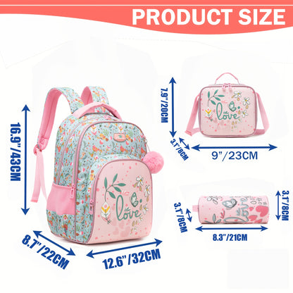 Adorable Girls Backpack 3pcs Set with Lunch Bag and Pencil Case Kids Carry On Backpack School Essentials Playdate Adventures Back to School Gift