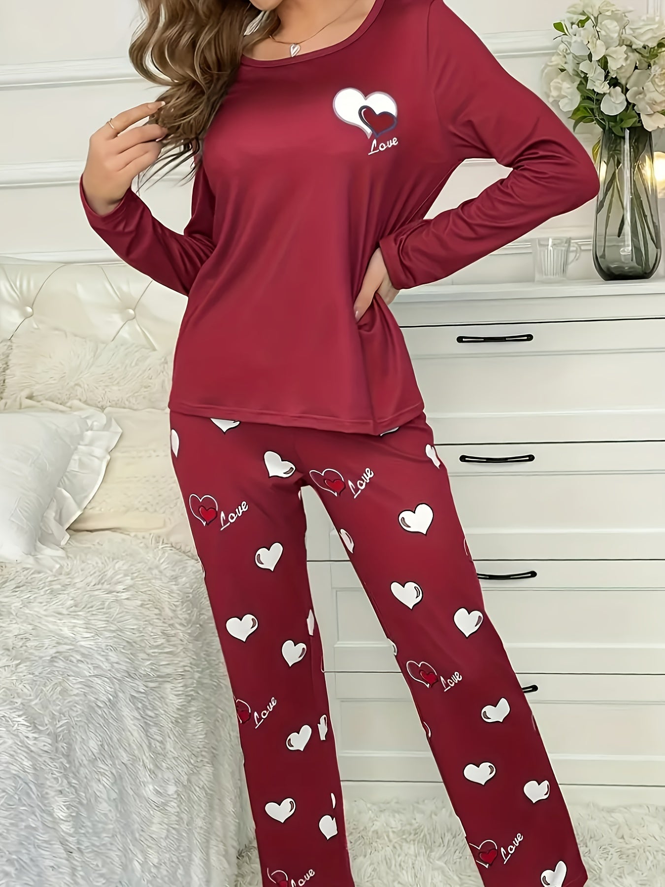 Plus Size Casual Heart Print Round Neck Long Sleeve Pantsuit