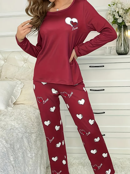 Plus Size Casual Heart Print Round Neck Long Sleeve Pantsuit