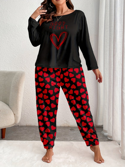 Women's Comfort Plus Size Heart Print Pajama Set - Long Sleeve and Pants, Soft Polyester Loungewear, Machine Washable, Autumn, Oversized, Heart Pattern, Long Sleeve Sleepwear Set