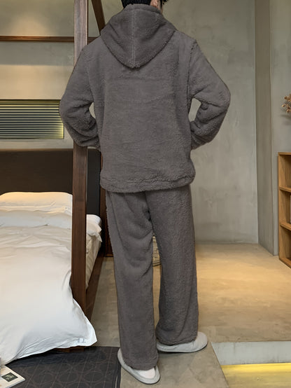 Men's Coral Velvet Pajamas Autumn and Winter Thickened Velvet Winter Hooded Flannel Warm Youth Pajama Set