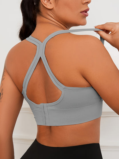 2pcs Stretchy Solid Racer Back Sports Bra, Comfy & Breathable Push Up Fitness Bra, Women's Lingerie & Underwear