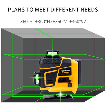 Honminda 16-Line 360° Self-Leveling Laser Level with Green Beam, 4x360° Vertical/Horizontal Cross Lines, Rechargeable Battery & Remote Control, Lifting Base & Tripod Included for Construction, Photography, Videography, Vide