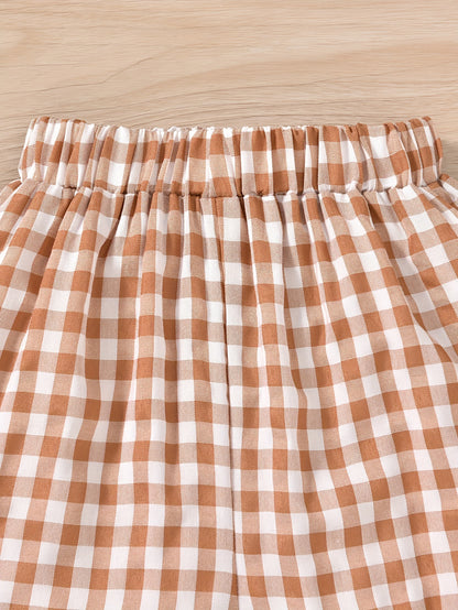 Cute Ruffle Lace Top & Check Shorts Two-Piece Set - White Blouse with Yellow Bow, Yellow & White Gingham Shorts, Perfect for Spring/Summer, Casual Playwear|Ruffle Detail Top|Nonstretch Fabric, for Outdoor