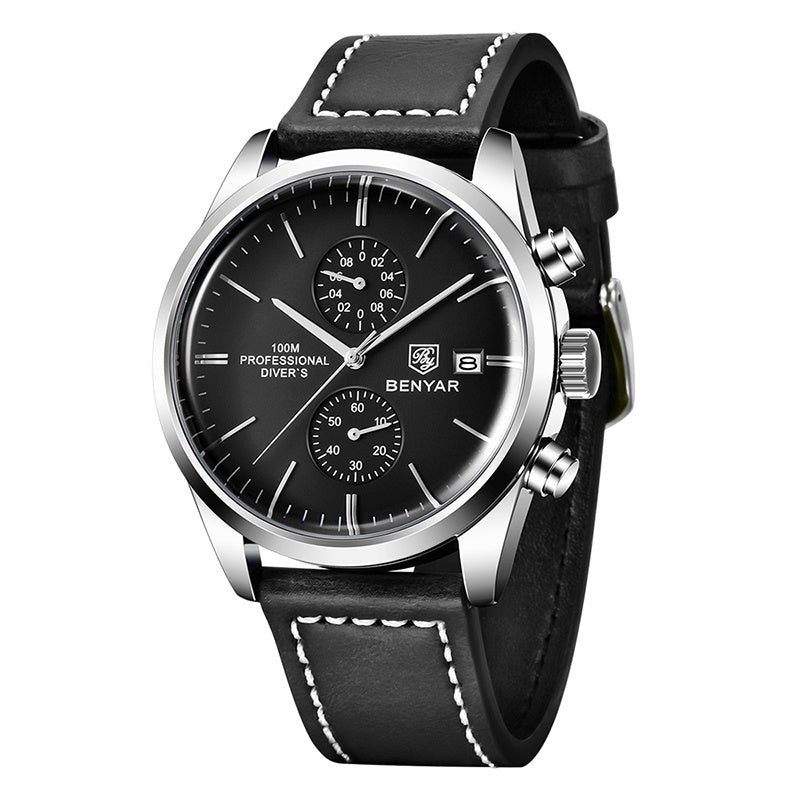 1pc New BENYAR Men's PU Leather Quartz Wristwatch, Men's 100M Multifunctional Watch Military Sports Chronograph Watch For Men