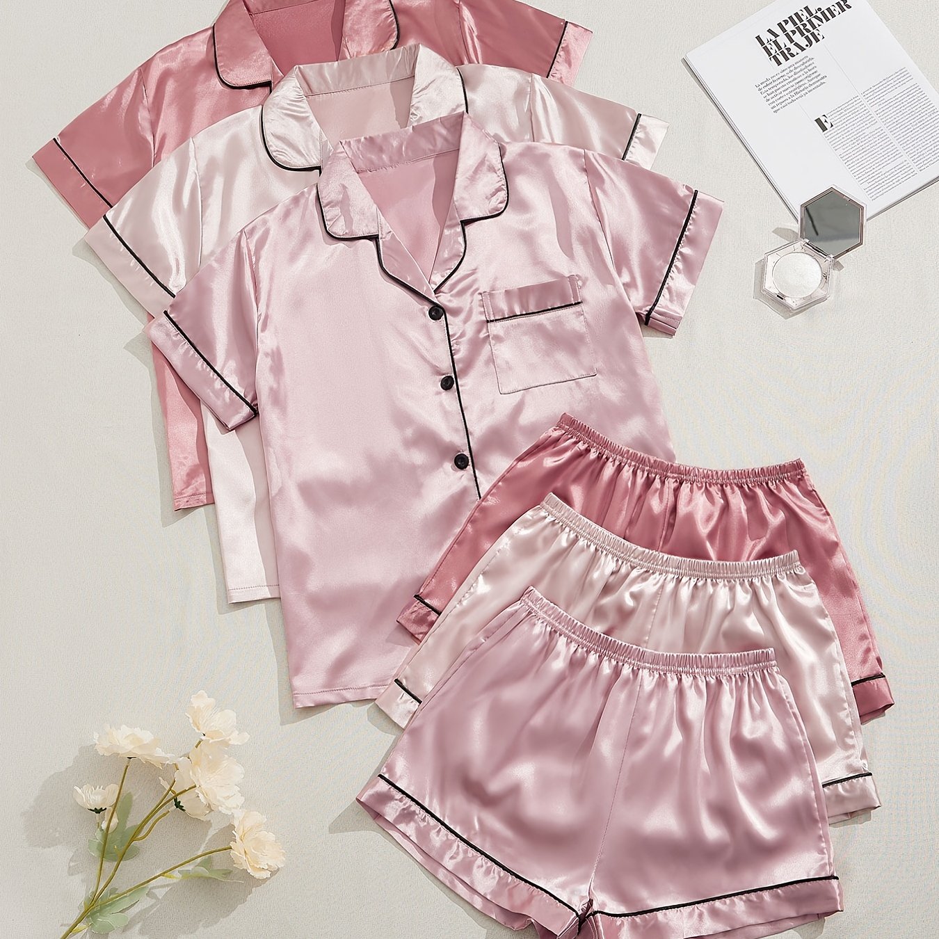 3 Sets Satin Pajama Set, Short Sleeve Lapel Top &amp; Elastic Waistband Shorts, Women's Sleepwear &amp; Loungewear