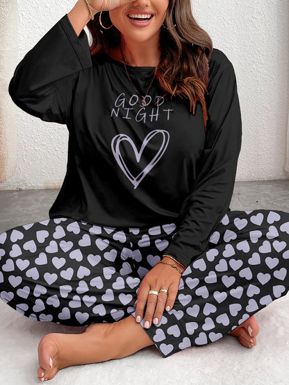 Women's Comfort Plus Size Heart Print Pajama Set - Long Sleeve and Pants, Soft Polyester Loungewear, Machine Washable, Autumn, Oversized, Heart Pattern, Long Sleeve Sleepwear Set