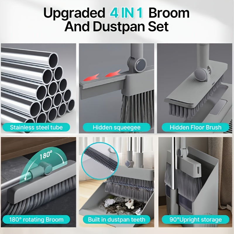 4-in-1 Foldable Broom and Dustpan Set - Durable Plastic, Easy Storage Design for Home Cleaning - Ideal for Kitchen, Bathroom, Bedroom Floors - Includes Water Squeegee, No Broom Required, Broo