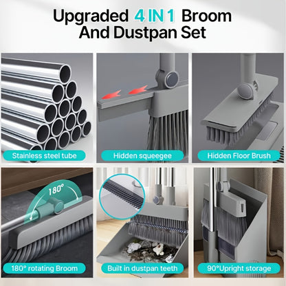 4-in-1 Foldable Broom and Dustpan Set - Durable Plastic, Easy Storage Design for Home Cleaning - Ideal for Kitchen, Bathroom, Bedroom Floors - Includes Water Squeegee, No Broom Required, Broo