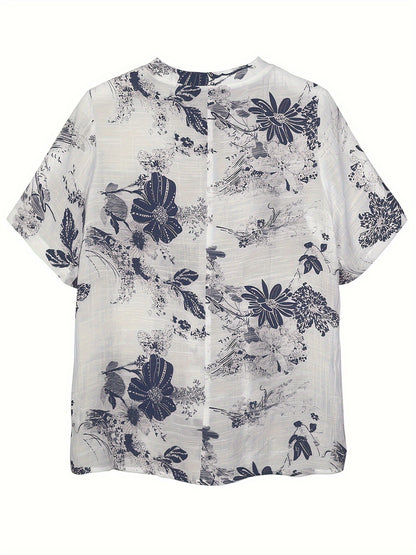 Women's Floral Print A-Line Blouse - Casual Short Sleeve, Round Neck with Front Button Detail, Lightweight Polyester Blend, Perfect for Spring/Summer