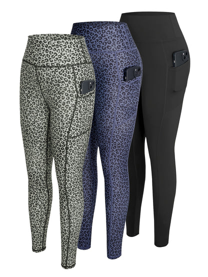 3-Pack Women'S High-Waisted Yoga Pants with Side Pockets - Non-Slip Grip, Stretchy Workout Leggings for Gym, Running, Everyday - All-Season Fitness Pants in Black/Gray/ - Ideal for Yoga, Pilates, Casual Attire, Yoga Leggings,