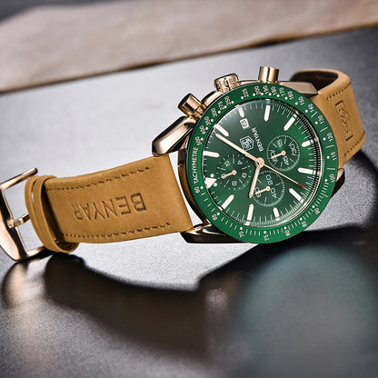 BY BENYAR Men'S Quartz Chronograph Watch - Luminous, Stainless Steel, Blue Dial with Date & Stopwatch, Faux Leather Strap, Elegant Business & Casual Style, Perfect Gift for Men, Professional Chronograph | Sleek Watch Design |