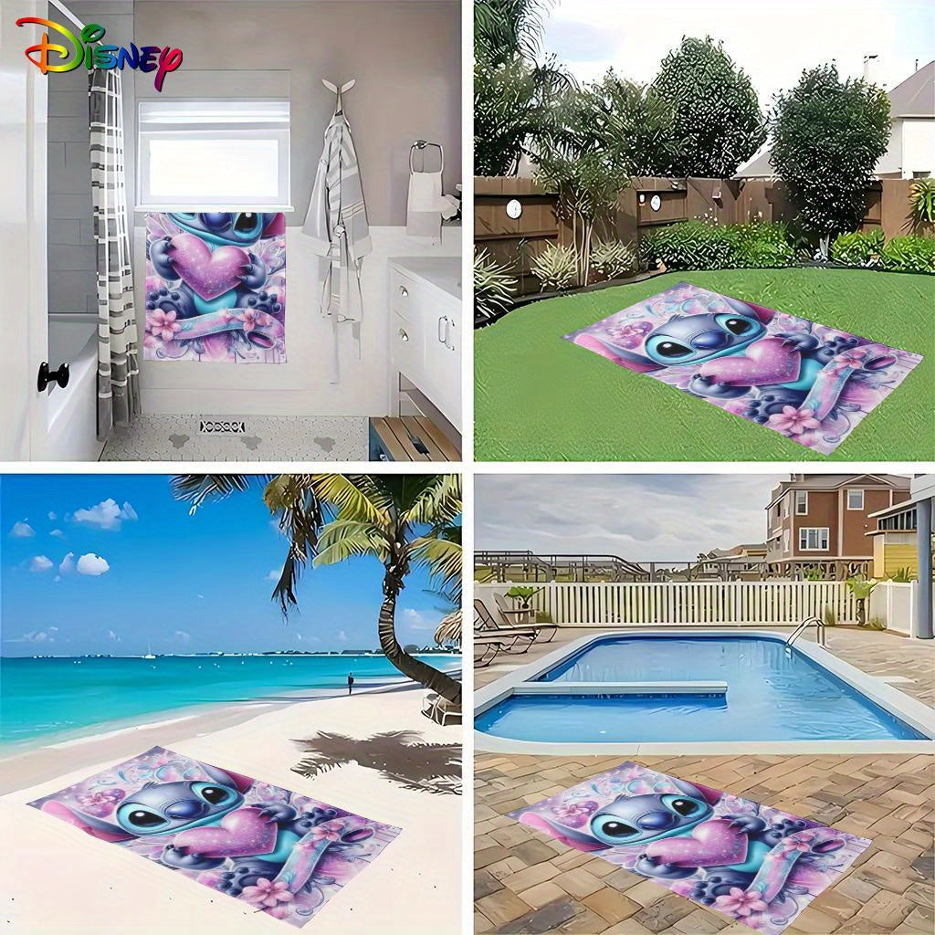 1pc Stitch Beach Towel - Large, Soft Polyester Microfiber Beach Mat with Cute Blue Alien Holding Pink Heart Design, Floral & Heart Patterns, Absorbent & Quick-Dry, Perfect for Yoga, Swimming, Travel, and More - Beach Accessor