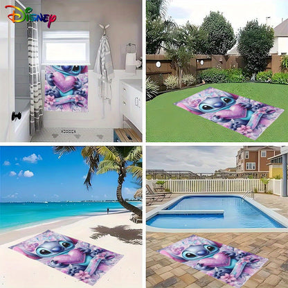 1pc Stitch Beach Towel - Large, Soft Polyester Microfiber Beach Mat with Cute Blue Alien Holding Pink Heart Design, Floral & Heart Patterns, Absorbent & Quick-Dry, Perfect for Yoga, Swimming, Travel, and More - Beach Accessor