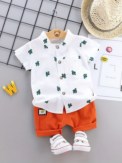 2pcs Baby Boys Dinosaur Print Button Short Sleeve Shirt Top &amp; Elastic Waist Shorts Set Toddler Summer Clothes For Daily &amp; Outdoor Wear