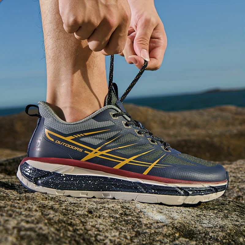 Men's All-Season Breathable Sneakers - Non-Slip Cushioned MD Sole, White/Gray/, Lace-Up Mid-Top Sneakers for Running, Gym, Hiking, Everyday - Extended Sizes Available, Outdoor Activities, Geometric Pattern, Secure Fit, Versat