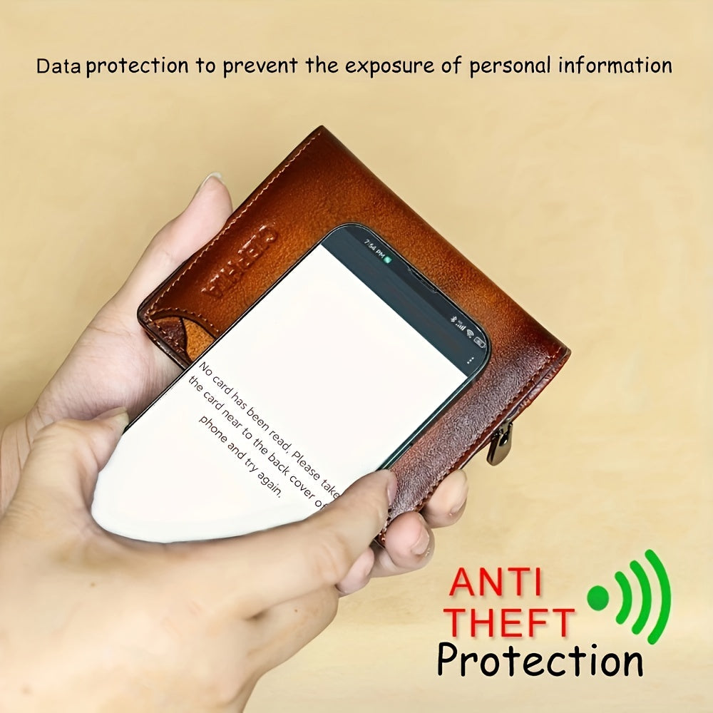 1pc CIEPHIA Men's Genuine Leather Wallet - RFID Blocking -Theft, Vintage Brown (Dark tan/, with Zipper Closure, 17-Card Holder, Coin Pocket, ID Window, Multi-Compartment - Heavy-Duty Full-Feature Wallet for Men, Ideal Gift fo