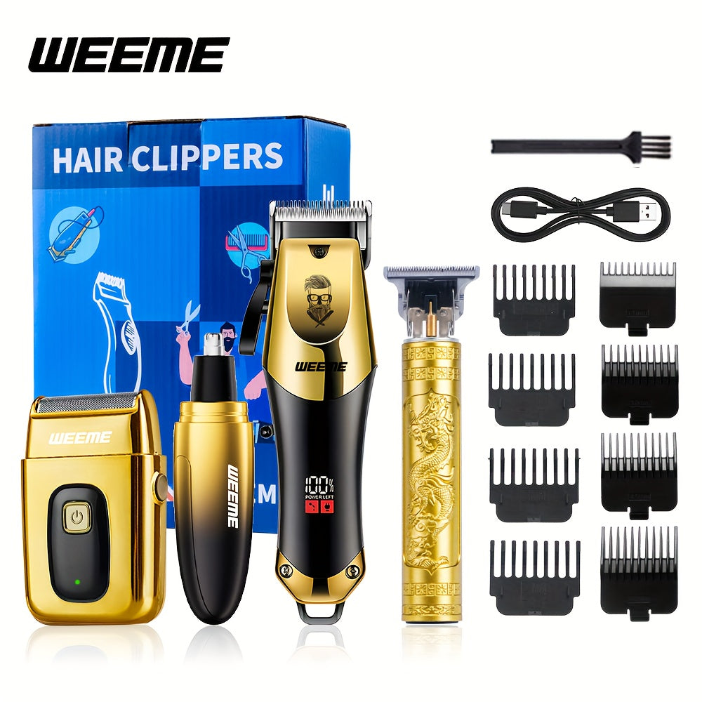 WEEME 4pcs Men'S Golden Electric Hairdresser Set, Household Beard Building Kit. Electric Hair Clipper + Electric Shaver + Electric Nose Hair Trimmer + Fine Trimmer. Used for Home, Car and Travel. Gifts for Fathers, Husbands,