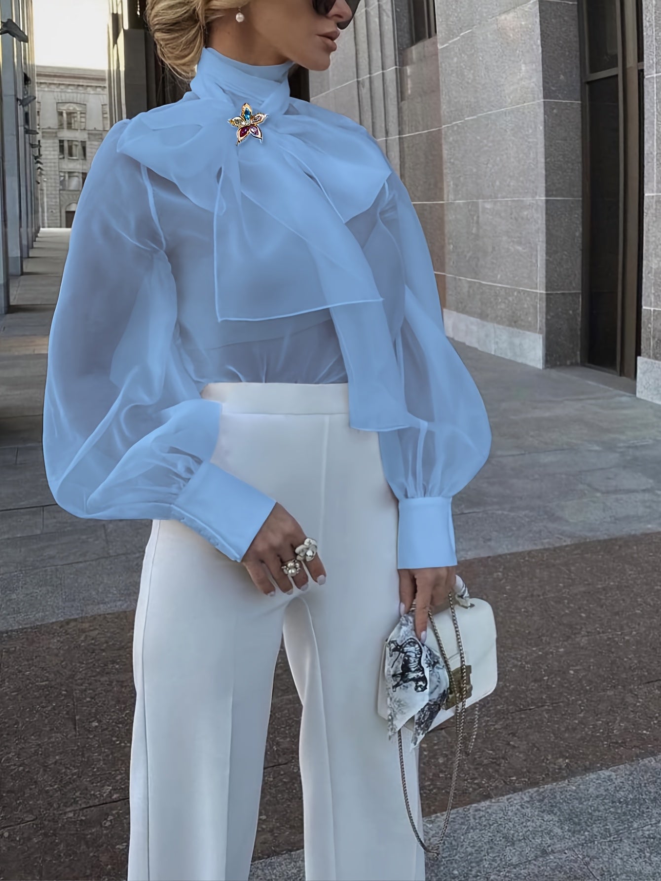 Elegant Plus Size Women'S Blouse with Sexy Bow Collar, Bubble Sleeves, and Pearl Accents - Chic Solid Color Non-Stretch Fabric for All Seasons, Plus Size Blouses