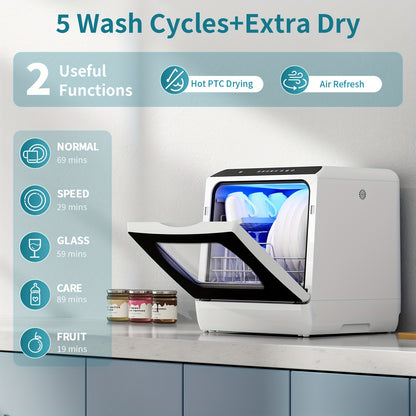 Independent Countertop Dishwasher, 5+1 Wash Programs, Built-in 5L Water Tank, Two Water Supply Modes, With Hot Air Drying And Automatic Ventilation Functions, Suitable For Homes, Apartments, And RVs.