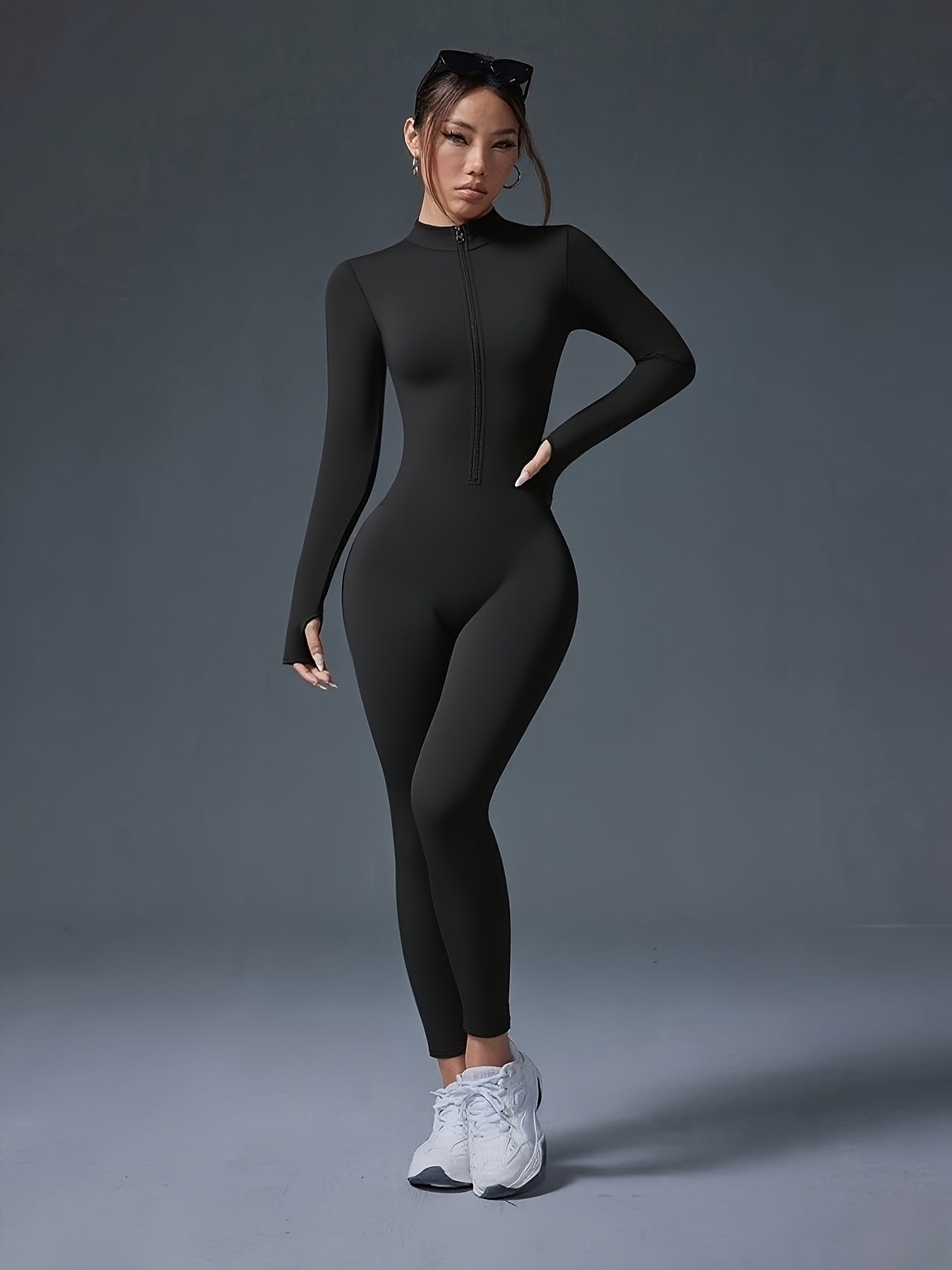 Women's Full-Length Zipper Jumpsuit - Full-Body Compression-like Fit (Tummy Control) - High-Elasticity Slim-Fit Long Sleeve Athleisure Suit for,, Dance - All-Season Outfit ( swear) - Easy-Care (No Bulk) -