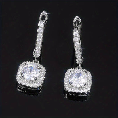 Sterling 925 Silver Ear Jewelry Square Shape Shiny zirconia Decor Dangle Earrings Luxury Style Banquet Party Ear Ornaments