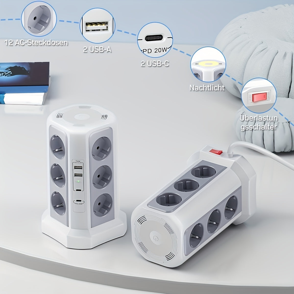 Múltiplas tomadas 12-Outlet 4000W com USB-C 20W