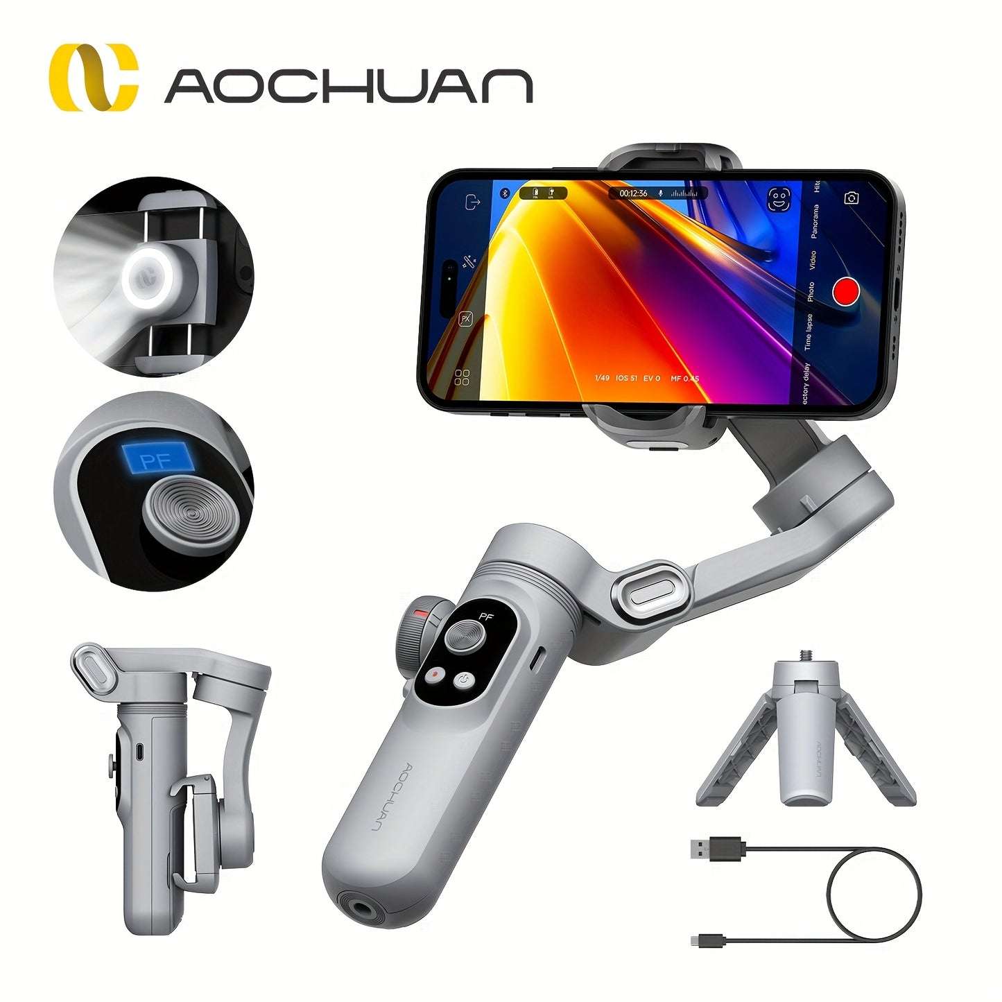 AOCHUAN Xpro Gimbal Stabilizer Dimensional Stability Anti-shake Can Be Handheld Desktop Tripod Reverse Charging Photography Mode with Fill Light LED Display Remote Control Face Follow Body Follow Gesture Control Self-timer VL