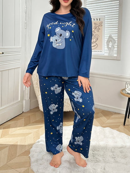 Plus Size Autumn/Winter Women's Pajamas with Cute Cartoon Koala Print Long Sleeve Loungewear Set
