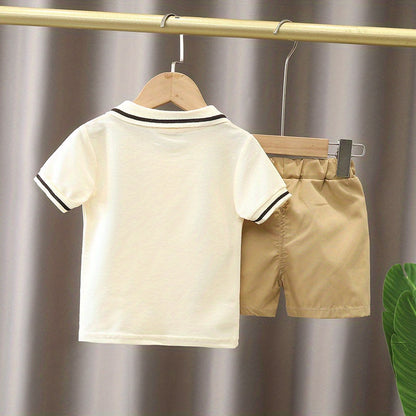 Little Boys Casual Suit - Cute Bear & Letter Embroidered Shirt Top + Shorts