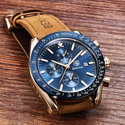 BY BENYAR Men'S Quartz Chronograph Watch - Luminous, Stainless Steel, Blue Dial with Date & Stopwatch, Faux Leather Strap, Elegant Business & Casual Style, Perfect Gift for Men, Professional Chronograph | Sleek Watch Design |