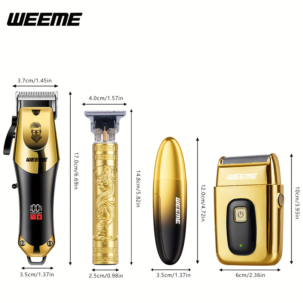 WEEME 4pcs Men'S Golden Electric Hairdresser Set, Household Beard Building Kit. Electric Hair Clipper + Electric Shaver + Electric Nose Hair Trimmer + Fine Trimmer. Used for Home, Car and Travel. Gifts for Fathers, Husbands,