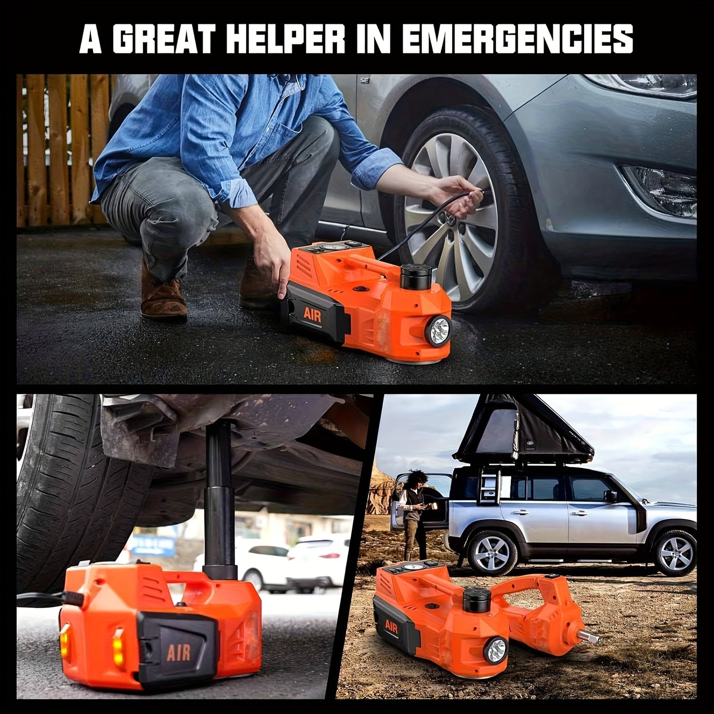 Macaco hidráulico reforçado de 12V e 5 toneladas (elevação de 15,5 a 45 cm) com compressor de ar e luz LED | Sistema de elevação sem fios para automóveis, SUV e camiões, troca de pneus e reparações em oficinas mecânicas.