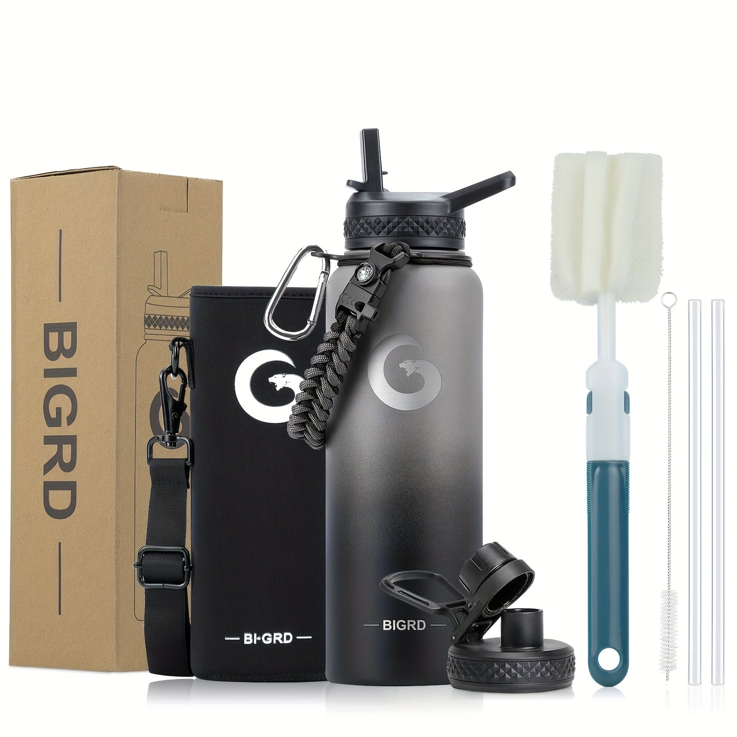 1pc BIGRD 40Oz 64Oz Insulated Water Bottle 304 Stainless Steel Spray Coating Dishwasher Safe, with 2 Lids, Sling Cup Sleeve, Hand-Held Braided Rope, Cup Brush, 2 Straws And Straw Brush, Color Box Packaging