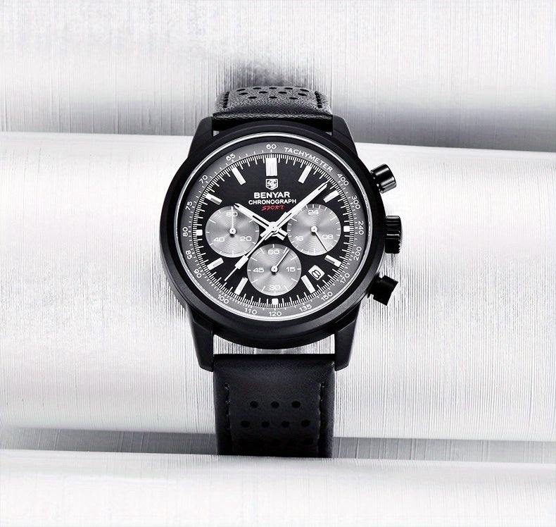 BENYAR Top Brand Men's Watches Sport For Men Multifunction Chronograph Black Fashion Quartz Wristwatches Calendar With Leather Strap