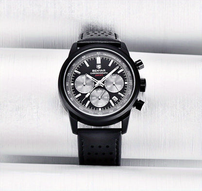 BENYAR Top Brand Men's Watches Sport For Men Multifunction Chronograph Black Fashion Quartz Wristwatches Calendar With Leather Strap