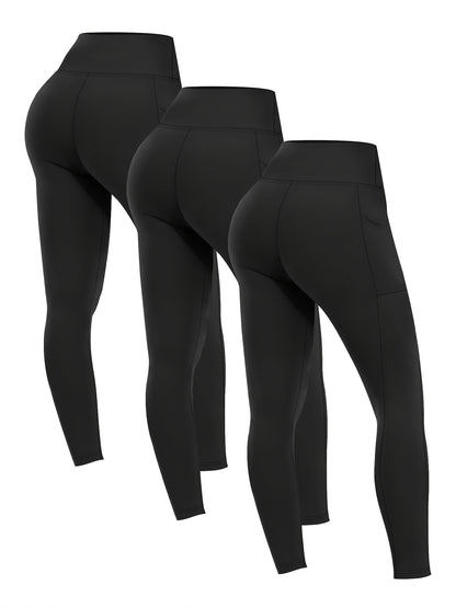 3pcs Set Women's High-Waisted Tummy Control Yoga Leggings - Full-Length Opaque Workout Pants with Pockets, 4-Way Stretch Soft Athletic Gym Pants for Running, Fitness, Yoga & Casual Attire - All-Season Tight Bodycon Leggings (