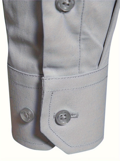 Camisola de homem de manga comprida com corte slim - 55% algodão, 40% poliéster, 5% elastano, cor lisa, para todas as estações, tecido plano, fecho com botões, gola de lapela, ideal para o fim de semana, 125 g/m²