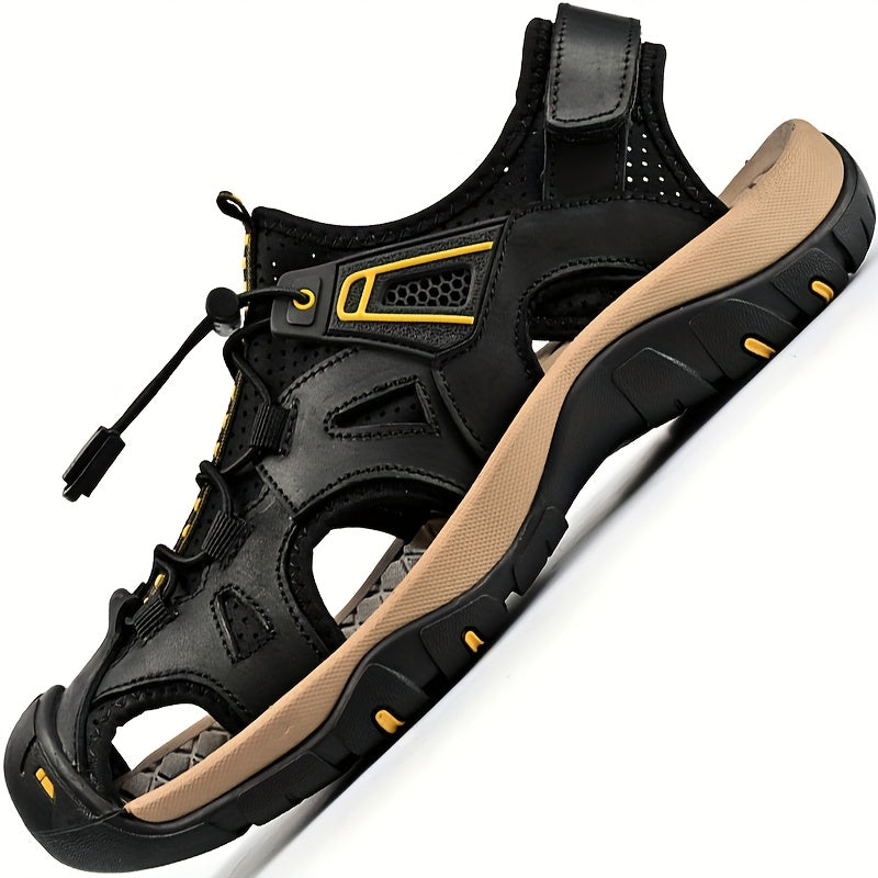 Men's Casual Fisherman Sandals - Adjustable Hook & Loop Closure, Breathable Synthetic Upper, Non-Slip Rubber Sole, Black/Brown/Grey Striped Design for Hiking, Beach & Casual Attire