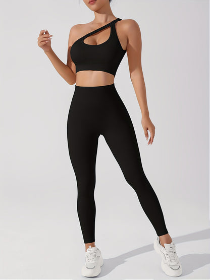 Women's 2pcs Yoga Set: Sexy One-Shoulder Sports Bra & High-Waist Butt Lifting Leggings - Stretchy, Non-See-Through Activewear