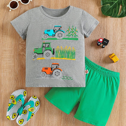 Boy's Tractors Print Casual Outfit Round Neck T-shirt & Shorts, Kids Summer Clothes Set For Daily And Outdoor Wear