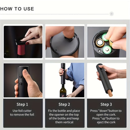 Electric Wine Opener - Single or 5-piece set with vacuum sealer and pourer, automatic brush bar tool kit for home, party, gifts.