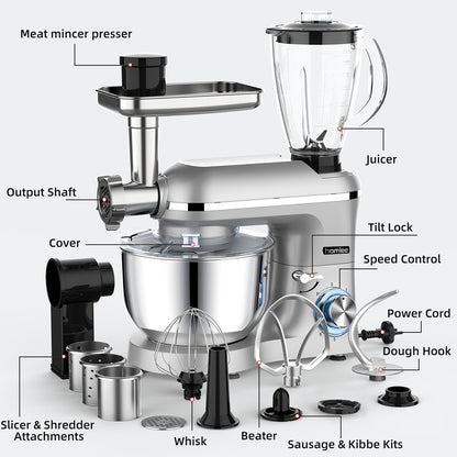 Homlee 6 in 1 Multifunctional Stand Mixer with 5.5L Stainless Steel Bowl, 2000W 6 Speed Tilt-Head Meat Grinder, Juice Blender with 1.5L Glass Jar, Multi-Functional Food Processor, Commercial Mixers for Most Home Cooks Beater