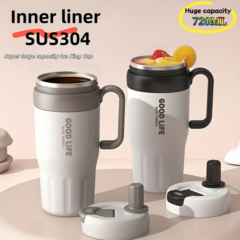 Copo térmico em aço inoxidável 304 com parede dupla e pega, capacidade de 720ml, com palhinha – Caneca desportiva portátil para viagens e atividades ao ar livre, garrafa de água essencial de alta capacidade para carro e atividades ao ar livre.