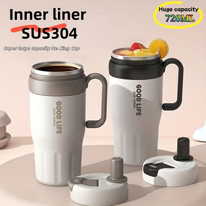 Copo térmico em aço inoxidável 304 com parede dupla e pega, capacidade de 720ml, com palhinha – Caneca desportiva portátil para viagens e atividades ao ar livre, garrafa de água essencial de alta capacidade para carro e atividades ao ar livre.