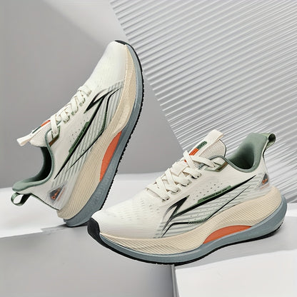 Men's All-Season Running Shoes - Breathable Knit Gym Sneakers with Cushioned MD Sole, Non-Slip Grip - Lightweight Sneakers for Marathon, Training, Everyday - White/Green/Orange Accent - Lace-Up Closure, Marathon Footwear, Geo