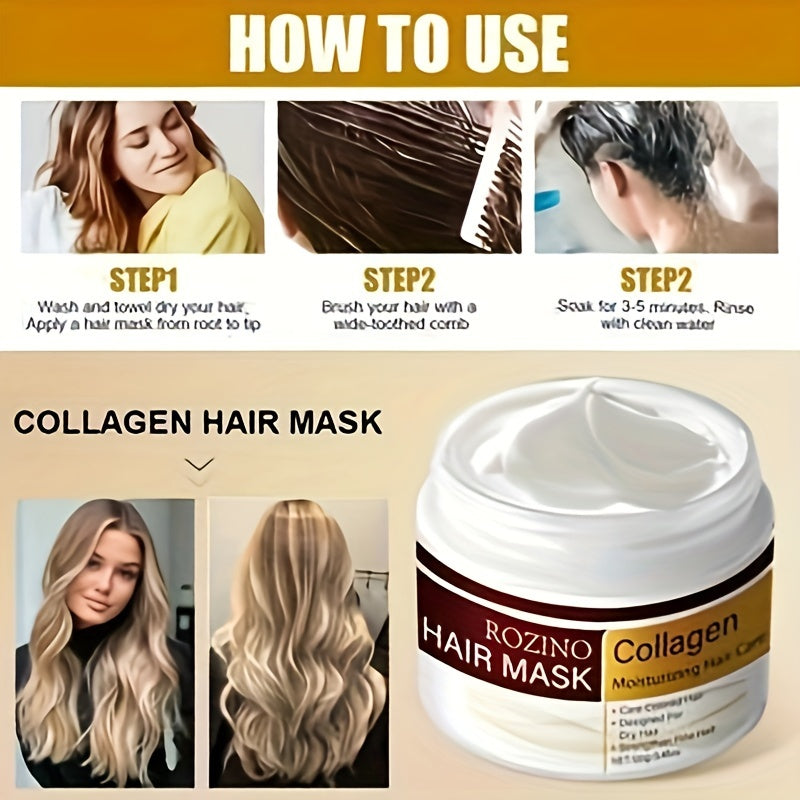 ROZINO Collagen Hair Mask - 100g, Moisturizing & Smoothing for Dry, Frizzy Hair, Long-Lasting Fragrance, Hydration Boost with Glycerin, Adult Formula, Moisturizing Hair Mask | Sleek Packaging