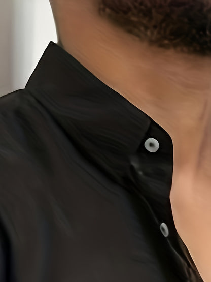 Camisa de homem em algodão de manga comprida e cor sólida com botões, modelo com lapela, ideal para a primavera e outono.